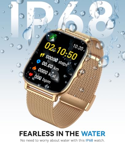 Image of Smart Watch for Women Men- Answer /Make Call, IP68 Waterproof Fitness Tracker with Sleep Monitor,Smartwatch for Andriod iPhone Compatible (Warm Gold Case w /Champagne & Vintage Gold Band, 1.91)