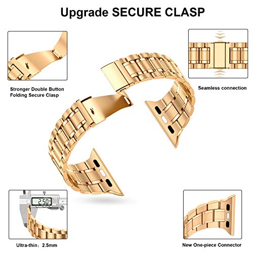 Image of MioHHR Solid Stainless Steel Bands Compatible with Apple Watch 38mm 40mm 41mm, Metal Strap with Soft TPU Case for iWatch Bands Series 9 8 7 6 5 4 3 2 1 SE SE2 SE3 Women and Men, Rose /Gold