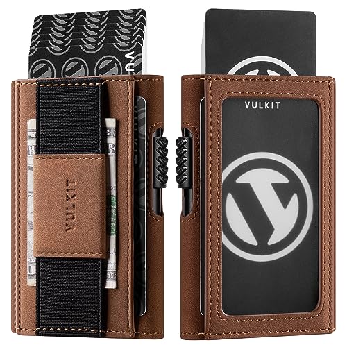 VULKIT Mens Minimalist Wallet for Max. 8 Cards with Pop-Up Credit Card Ejector RFID Blocking, ID Window and Elastic Strap for Bills or Keyring, Gift Box Packed, Brown