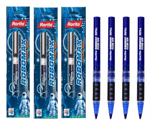 Image of Robomax Blue Roller Pens Set of 3 Pens with 4 Jumbo Refills | Hovertech Tip | Waterproof Smooth Ink | German Technology Inspired Design | Office, School & Daily Writing