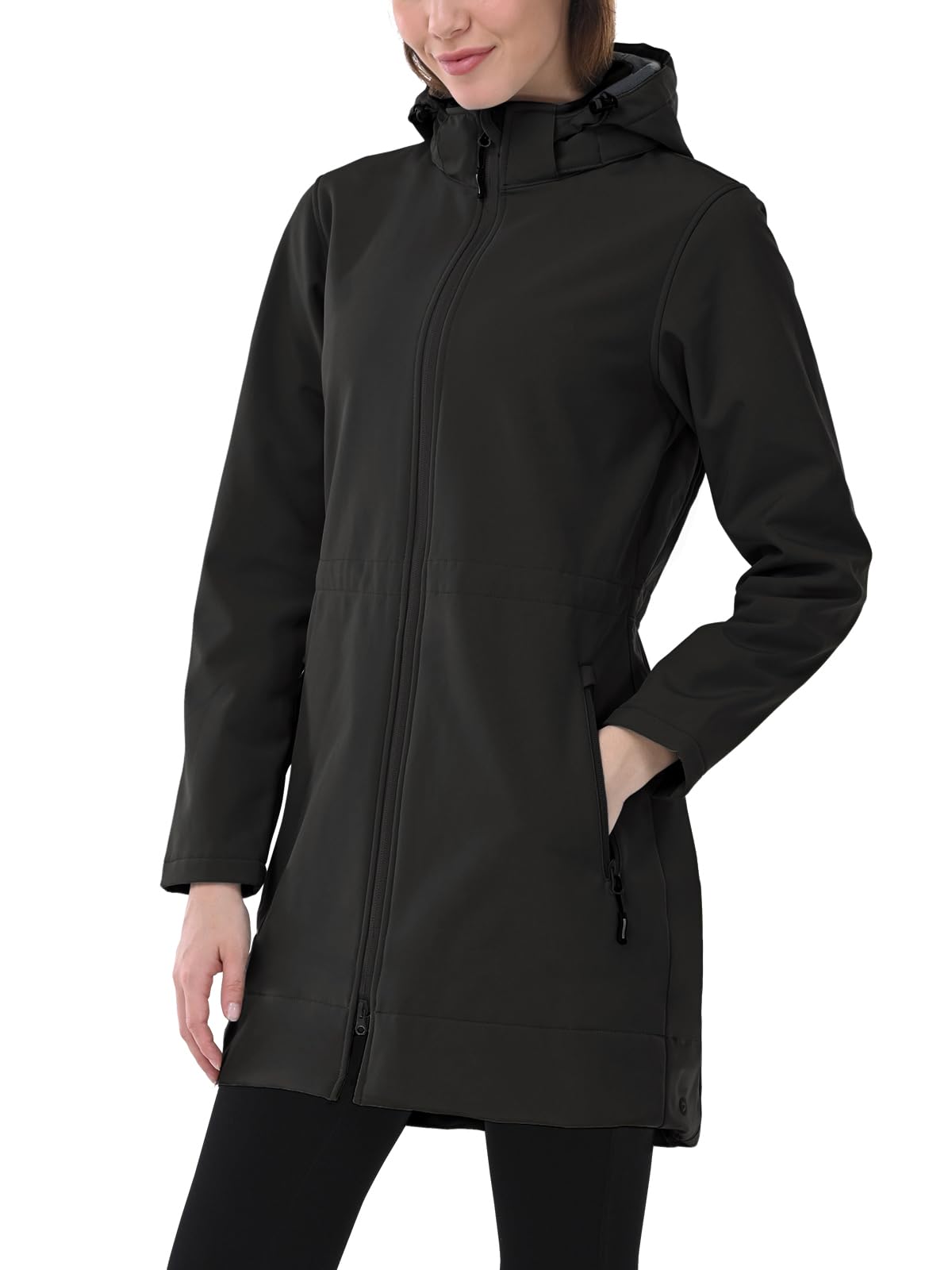 Outdoor Ventures Giacca da donna softshell lunga con cappuccio, foderata in pile, antivento, impermeabile