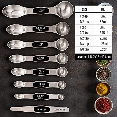 Zulay Kitchen Stackable Magnetic Spoons Set Of 8 - Dual Sided Magnetic Measuring Spoons Set Fits In Spice Jars - Stainless Steel Measuring Spoons Magnetic For Dry And Liquid Ingredients (Black) #TOP3