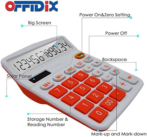 OFFIDIX Office Desktop Calculator Solar and Battery Dual Power Electronic Calculator Portable 12 Digit Large LCD Display Calculator Orange