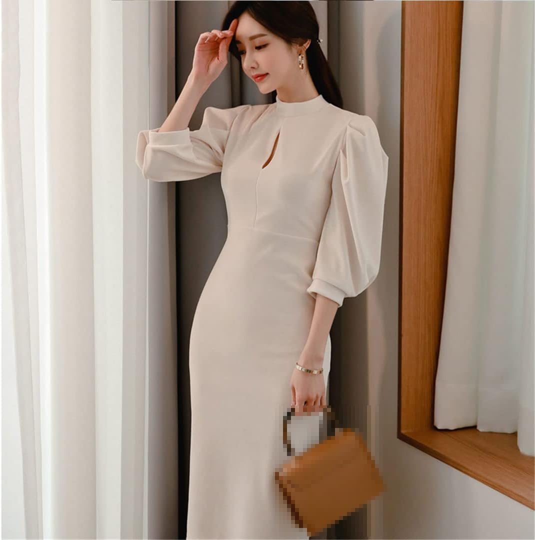 Stand Collar Puff Sleeve Female Pencil Dress Slim Solid Color Midi Casual Dresses