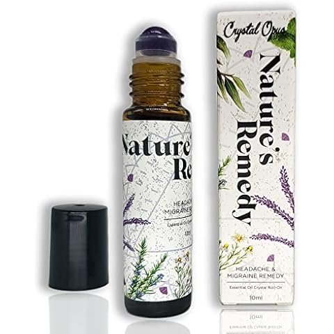Headache Relief 10ml Roll-On Stick. Essential Oil & Amethyst Remedy to Ease Head Pain & Migraine. Camomile, Peppermint, Lavender, Rosemary & Eucalyptus. Aromatherapy & Crystal Rollerball Cover