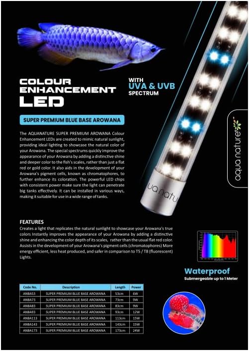 aqua nature Colour Enhancement Led With Uva & Uvb Spectrum Tanning Lights For Arowana, Tropical,Reptiles & Marine Fishes (Blue, 53Cm), Glass, Corded Electric