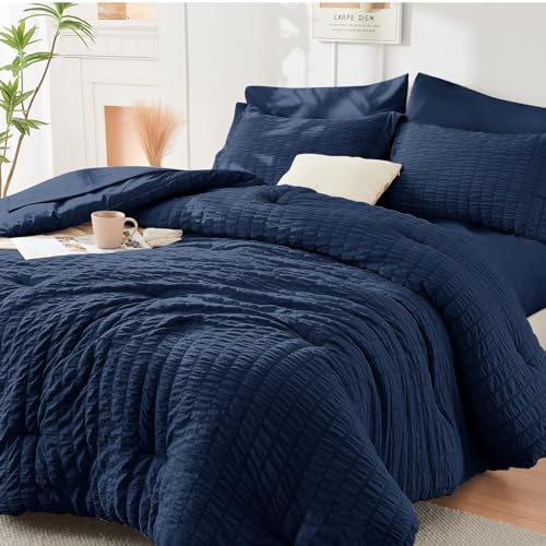 HYMOKEGE Navy Blue Queen Comforter Set Seersucker 7 Pieces, All S...