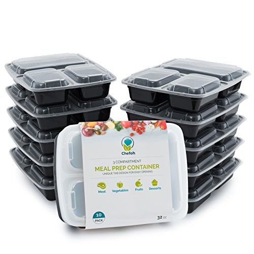 10-Pack 3 Compartment Meal Prep Food Containers with Lids, 32 oz | Reusable Microwavable Divided Food Storage Containers
