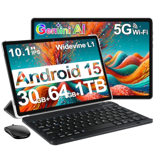 Image of DMOAO Tablet, 2026 Android 15 Tablet with Gemini AI, 10.1 Inch FHD Display, 30GB RAM 64GB ROM /1TB TF, 6000mAh Battery, Octa-Core 2.0GHz, Widevine L1, 2 in 1 Tablets with Keyboard Mouse(Black)