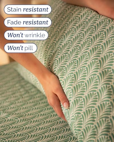 Image of Twin XL 3 Piece Floral Sheet Set - Breathable & Cooling - Sage Fan Leaf | 1 Flat, 1 Fitted & 1 Pillowcase w / Deep Pockets, Boho Botanical Floral Bedding, Breathable & Cooling, Wrinkle & Fade Free