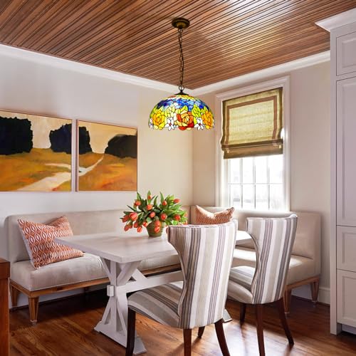Jgwsmq Tiffany Kitchen Island Pendant Light Rose Stained Glass Chandelier Victorian Hanging Lighting Fixture For Dining Living Room Study Hallway,15 Inch thumb #7