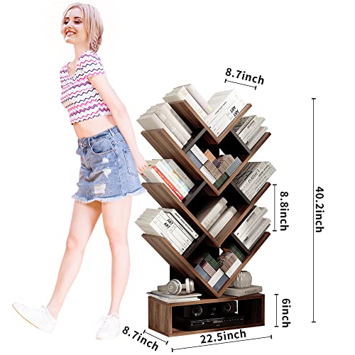 Arts Wish Tree Bookshelf 5-Shelf Floor Standing Bookcase, Free Standing Magazines Books Tree Rack For Living Room Home Office Bedroom, Walnut+Black #TOP1