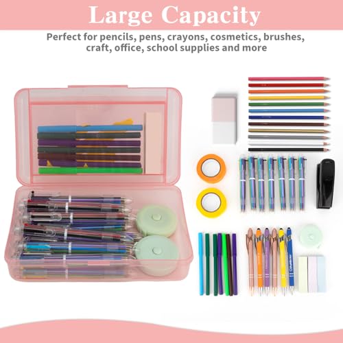 Image of Pencil Case Box, Light Pink Double Layer Large Capacity Plastic Pencil Boxs, Clear Hard Pen Case with Snap-tight Lid,Storage Art Craft Box Marker Organizer for Kids Boys Girls Offices School Supplies