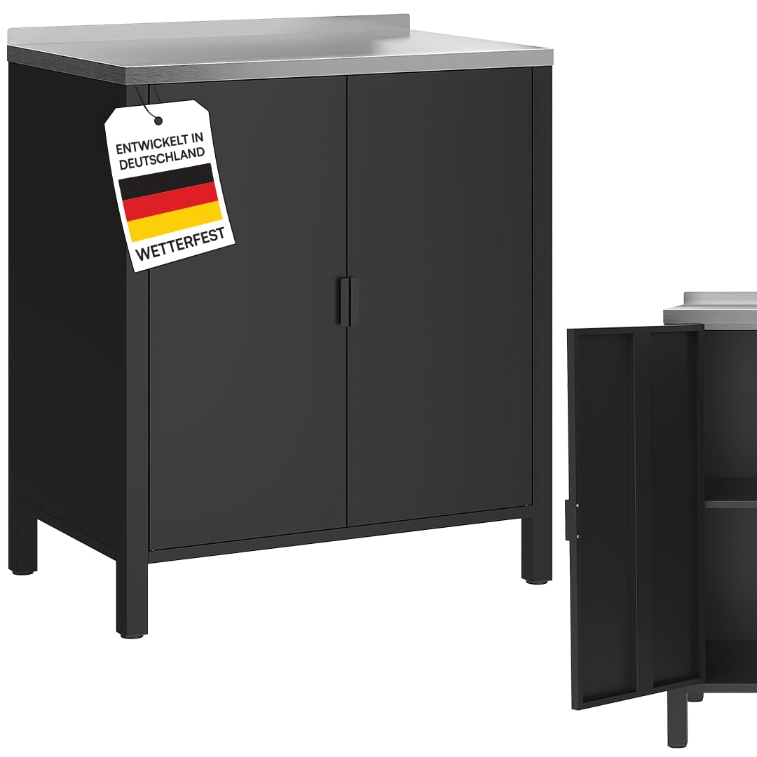 STEELSØN Zephios Gartenschrank 94,5x80x50 cm – Outdoor Küchenschrank mit Edelstahl Arbeitsplatte & 2 Fächern – stabile Kommode aus Metall – Terrassenschrank wetterfest Terrasse/Grillstation, schwarz