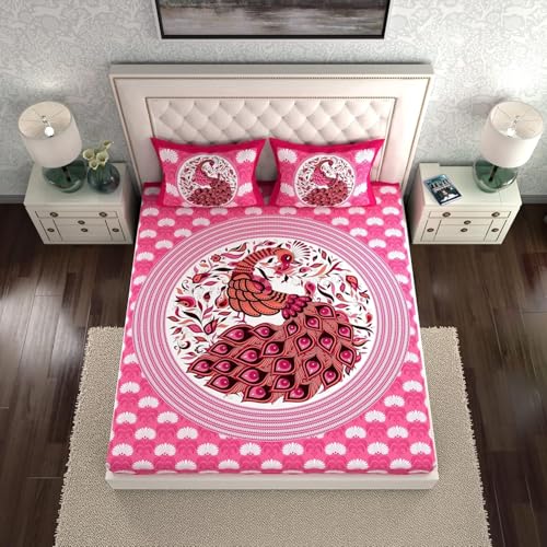 Image of La Verne 104 TC Cotton Double Bed Bedsheet Jaipuri Rajasthani Print Bedsheet with 2 Pillow Covers (Pink)