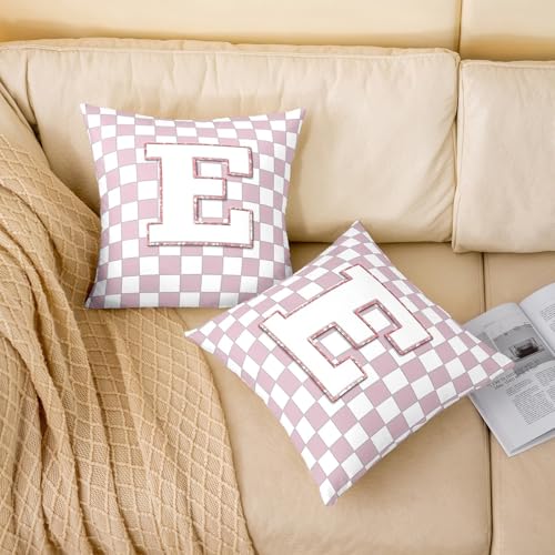Image of Erosebridal Pink Initial E Throw Pillow Covers 22x22 Set of 2 Kawaii Plaid Checkered Cushion Cover Cute Personalized Monogram Throw Pillow Case for Bed Couch Sofa Fashion Grids Gingham Home Decor