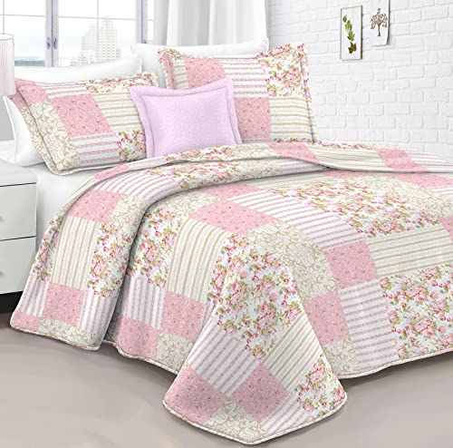 HaraDeco Colcha Bouti Fina Cama 150, Cubrecama Termosellada con Fundas Almohada, Colcha de Verano Estampada Patch(Rosa B, Cama 150) Cover