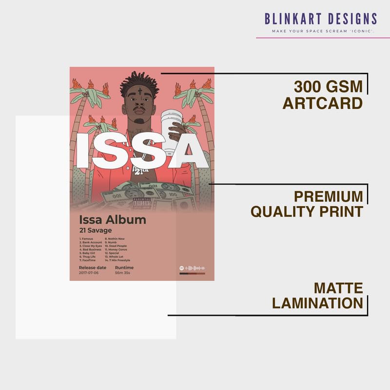 Image of BLINKART 21 Savage - ISSA ALBUM Wall Photo Frames | Wall Art for Bedroom, Living Room, Studio or Office | Album Cover Print with Spotify Song Link QR Code | Gift for Fans - 8x12 In
