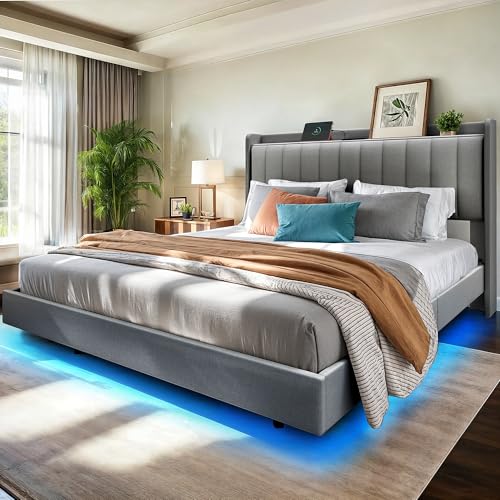 YITAHOME Floating Bed Frame Queen Size, Upholstered Bed Frame with Hidden Legs, LED RGB Light Strip, Integrated Charging Station, Robust Steel Structure, No Box Spring Needed, Easy Assembly