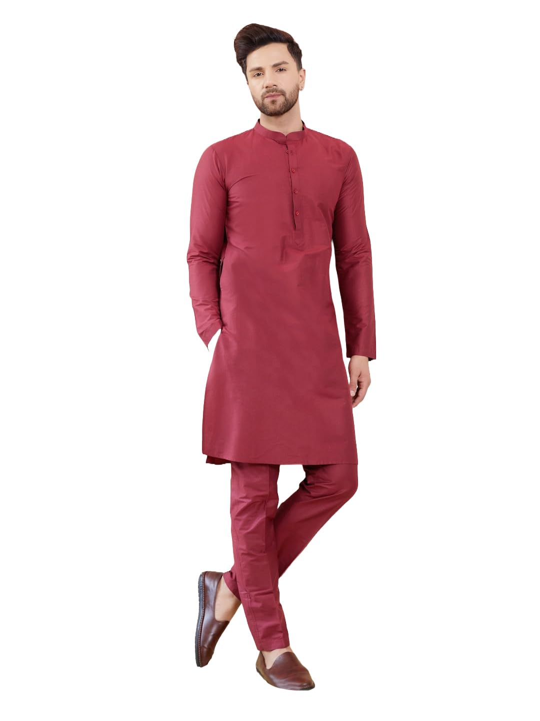 See Designs Men Full Sleeve Mandarin Collar Side Slit Maroon Cotton Solid Straight Kurta With Matching Pyjama - Sdkt2415-19L