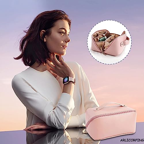 Image of ARLICORPING Large Capacity Cosmetic Travel Bag, Women's Makeup Travel Bag Portable Leather Cosmetics Bag, Makeup Storage Bags with Handle and Divider, Wide Opening Cosmetic Organizer. (Pink)