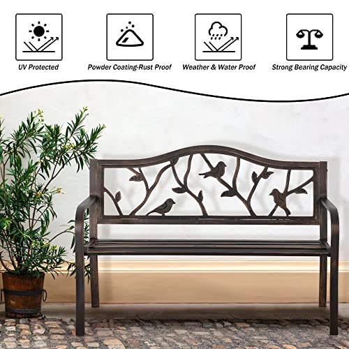 Phi Villa Outdoor Garden Park Bench Patio 50" Metal Bench, Steel Frame Bench With Backrest And Armrests For Porch, Lawn, Balcony, Backyard And Indoor, Bronze #TOP3