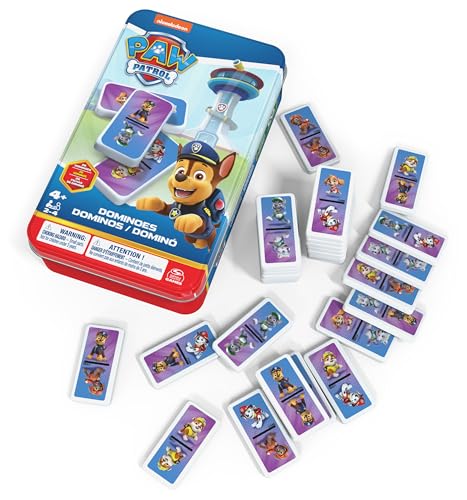 Paw Patrol - Pat Patrouille - Boîte Métal Dominos - Jeu de Société - 28 Dominos Héros Chiots - Jeu d'Équilibre Patience Raisonnement - Pat Patrouille...