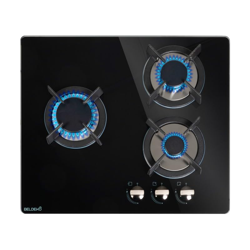 BELDEKO - Plaque de cuisson Gaz verre noir 3 zones - 5250 W - Gaz ville et bouteille - Grilles en fonte