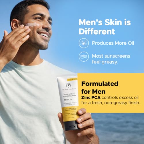 Image of The Man Company Moisturising Sunscreen Gel for Men | SPF50 PA++++ | Broad Spectrum UVA UVB Protection | For Oily, Dry & Normal Skin| Bluelight Protection | New Gen UV Filters | No White Cast | Non-Greasy and Lightweight | Hydrating| 50g