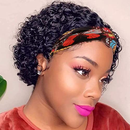 Clover Leaf Headband Curly Human Hair Wigs Kinky Curl Headband Wig for Black Women Brazilian Kinky Scarf Wig 150% Density Half Wig Natural Color(10, Black-kinky)…