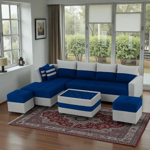 Image of FURNY Stylecon 8 Seater Fabric LHS L Shape Sofa Set with 1 Centre Table & 2 Ottoman (Blue-Light Grey) | Premium Velvet Finish | Durable Comfort | Ideal for Living Room