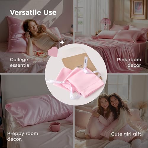 Image of Bedsure King Size Satin Pillowcase Set of 2 - Pink Silky Pillow Cases for Hair and Skin with Envelope Closure, Similar to Silk Pillow Cases, Valentine Gifts for Women Girls, 20x36 Inches, 2pcs