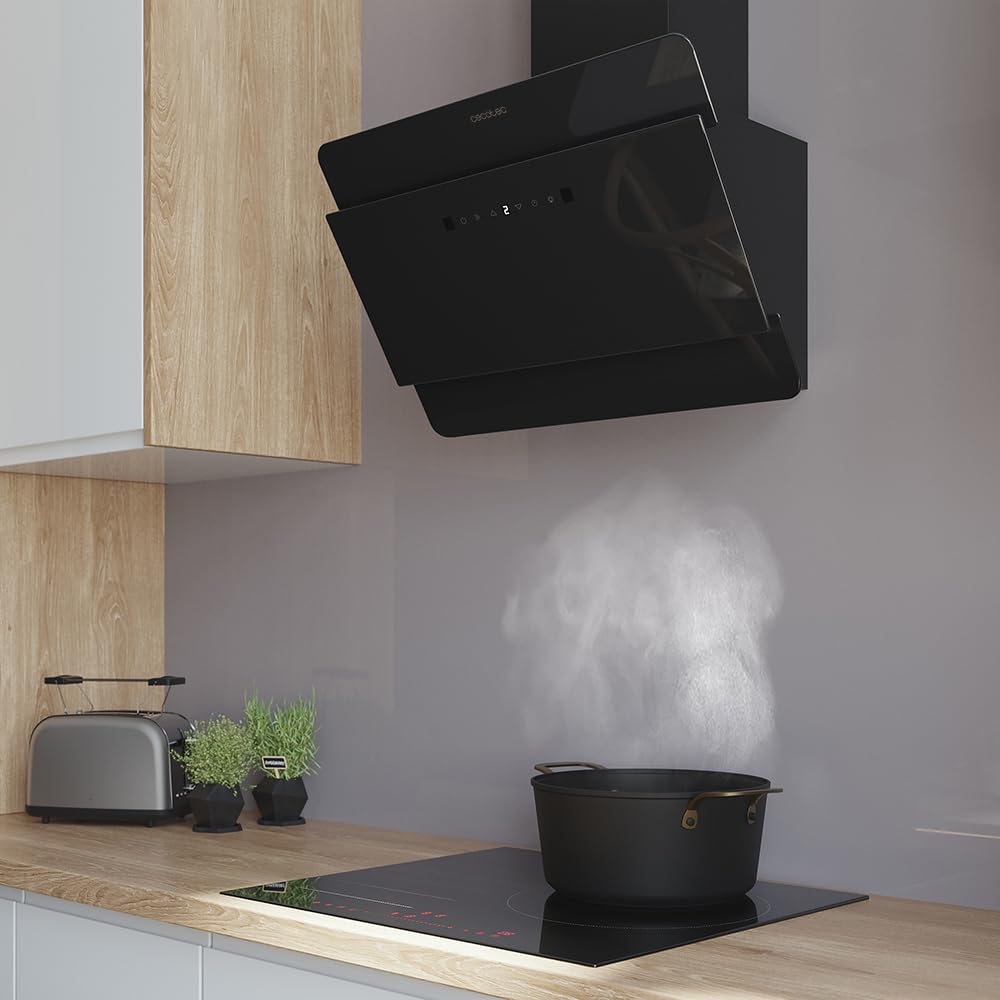 Cecotec Dunstabzugshaube Dekorativ 60 cm - Bolero Flux DT 608000 Glass Black A++. Motor 210W, niedriger Energieverbrauch, Saugkraft 800 m³/h, Touch-Control, 3 Stufen + Booster, Handbewegungssteuerung