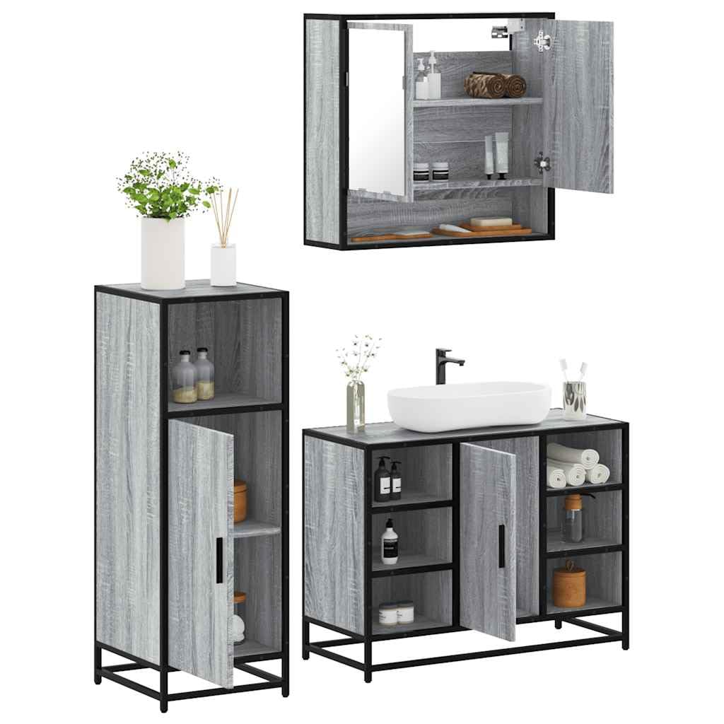 3-TLG. Badmöbel-Set Holzwerkstoff Grau Sonoma Metallrahmen