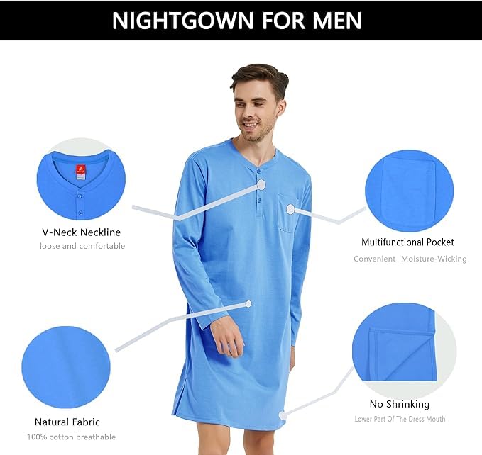 Mucwer Men's Cotton Long Sleeve Nightshirts （46in-48in）,Long Sleeve Nightgown With Kangaroo Pocket（S～4XL）2
