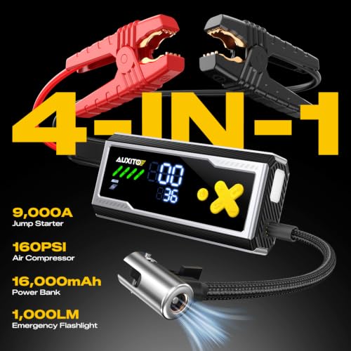 Image of AUXITO 9000A Jump Starter with Air Compressor 160PSI for All Gas /12L Diesel, Tire Inflator Portable Air Compressor with Auto-Shutoff, 12V Battery Jumper Starter Portable with AutoBoost, Jumper Cables
