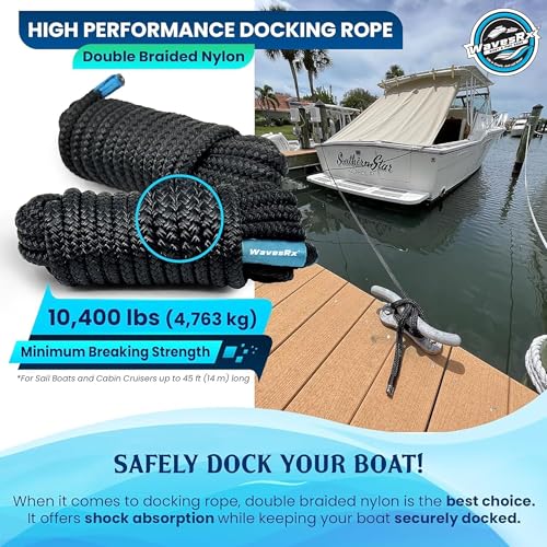 Image of Premium Nylon Boat Dock Lines & Ropes for Docking 5 /8'' x 25' | Double Braided Marine Rope & Mooring Line| Boat Ropes for Docking with Loop | UV & Saltwater Resistant Dock Ropes for Boats & Pontoons