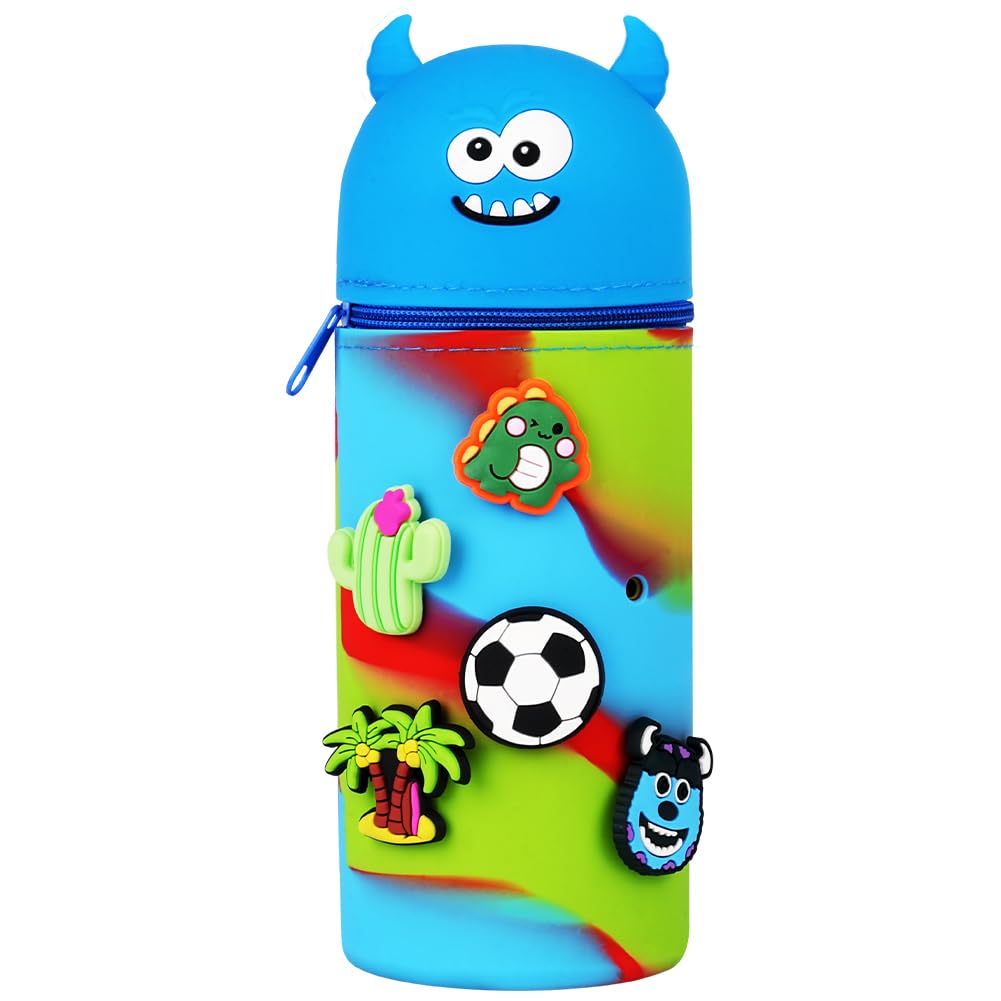 Vicloon Pencil Case, DIY Pencil Case in Soft Silicone, 2 in 1 Silicone Pouches Big Capacity Desk Pen Holder, Retractable Capacity, Zipper Closure (Monster)