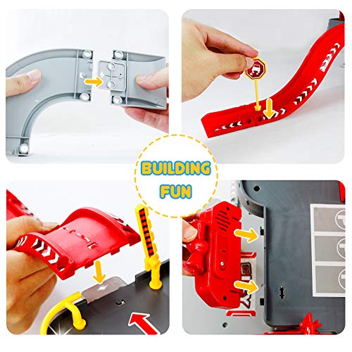 Fajiabao Fire Trucks Toy Garage Playset Race Track Cars Airplane Fireman Learning Toy Vehicle Indoor Party Games Family Assembly Parking Lot Station with Siren Lights Sounds for Kids - Thumbnail 4