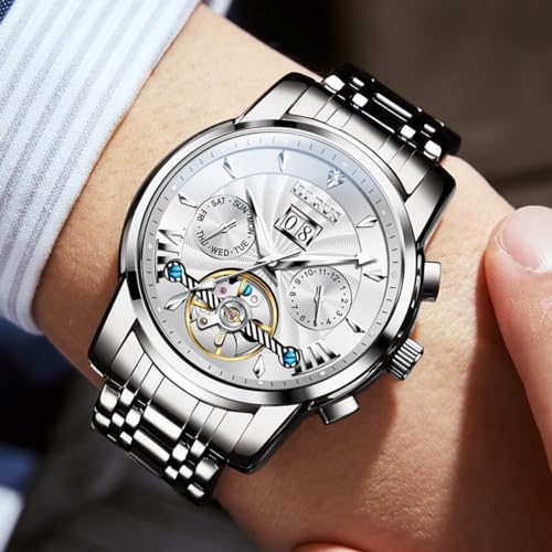 Image of OLEVS Watches for Men Automatic Skeleton 5 Hands Mechanical Luxury Watch Classic Calendar Stainless Steel Waterproof Mens Wrist Watch
