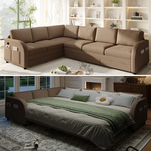 Image of KCGKCG 115.2 inch L Shaped Couch Bed, Sectional Couches for Living Room, Teddy Fabric Sleeper Sofa Bed with Pull Out Couch, Convertible Sectional Couch with Charging Station & Side Pocket, Brown