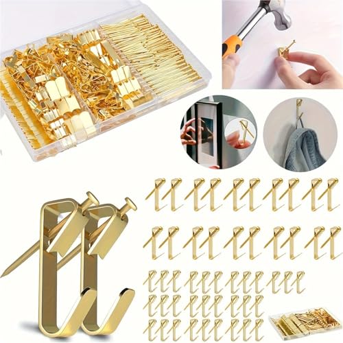Image of Picture Hangers 20 Pcs Picture Hanging HooksHeavy Duty Picture Hangers Hardware kit with Nails for Picture Frame, Canvas, Mirror(Golden)