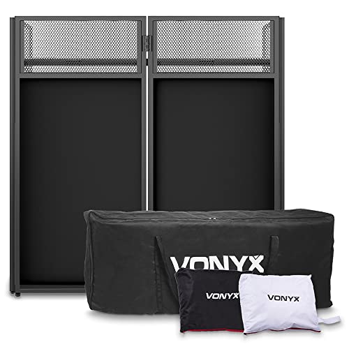 VONYX DB4 Pro Foldable Mobile DJ Booth Stand with Carry Case Lycra Covers Steel Frame and Shelf Support - Portable Table Desk Equipment for Events Parties Clubs Speaker Setup
