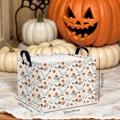 Image of Large Halloween Basket Gift Cute Ghost Parties Decor Kid Trick or Treat Basket for Boys and Girls Rectangular Storage Bin Box (Ghost Basketball)