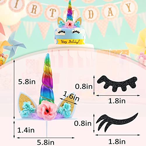 Unicorn Cake Topper Handmade Rainbow Horn Unicorn Cake Topper Unicorn Happy Birthday Party Decoration Supplies Magic Reusable Cake Topper With Eyelashes And Stack For Girls Kid Women, 5.8 Inch #TOP6