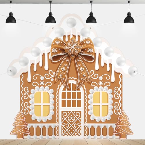 Panelee Extra Large Christmas Banner Decorations 6.8x6.5 ft Polyester Gingerbread House Backdrop Xmas Party Background for Xmas Holiday Garage Door Yard Photo Booth Indoor Outdoor Decor(Lovely)