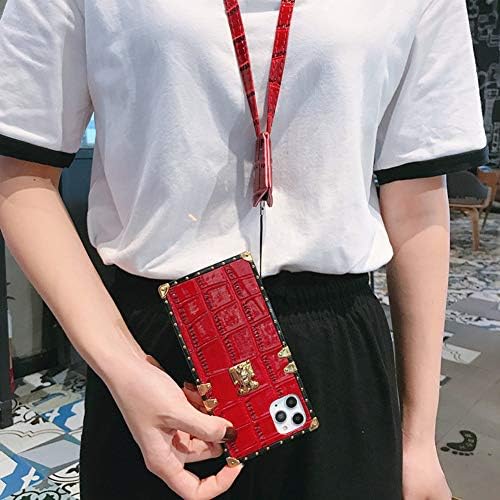 YonMeet Square Leather Case for iPhone Xs Max with Strap Luxury Crocodile Skin Vintage Chic Stylish Cover Slim Flexible Shockproof Trunk Back Shell (Red, iPhone Xs Max)