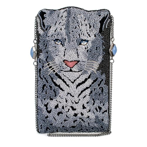 Mary Frances Snow Leopard Beaded Crossbody Cell Phone Bag Animal Pattern Evening Clutch Purse, Grey/Black
