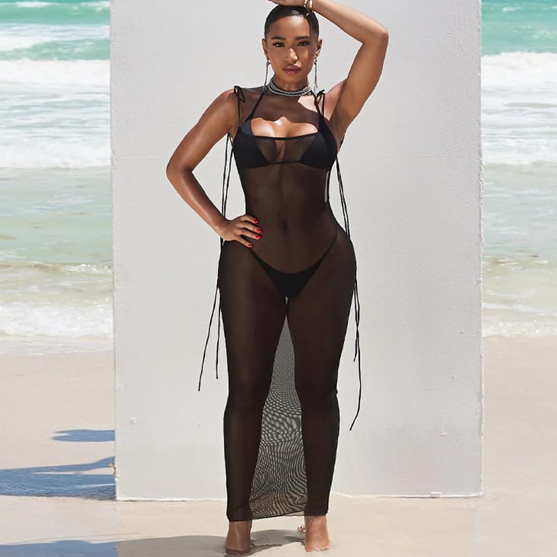 Image of Suillty Women Mesh Sheer Spaghetti Strap Long Maxi Dress Sexy Sleeveless Backless Beach Swimsuit Cover Ups Party Club Dresses