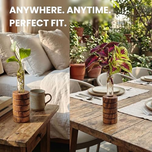 Image of Pilwal's Grooved Wooden Test Tube Vase | Big Test Tube Design for Cuttings & Hydroponics | Minimalist Wooden Planter | Modern Flower Stand | Unique Home Office Decor Gift. (Grooved Design)